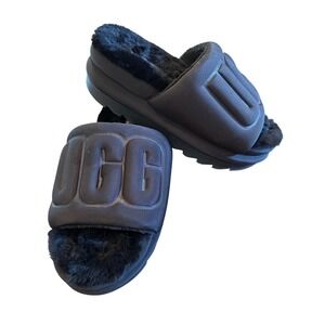 UGG Fluff Slides Comfy Fuzzy‎ Slippers Black Logo Casual Shoes